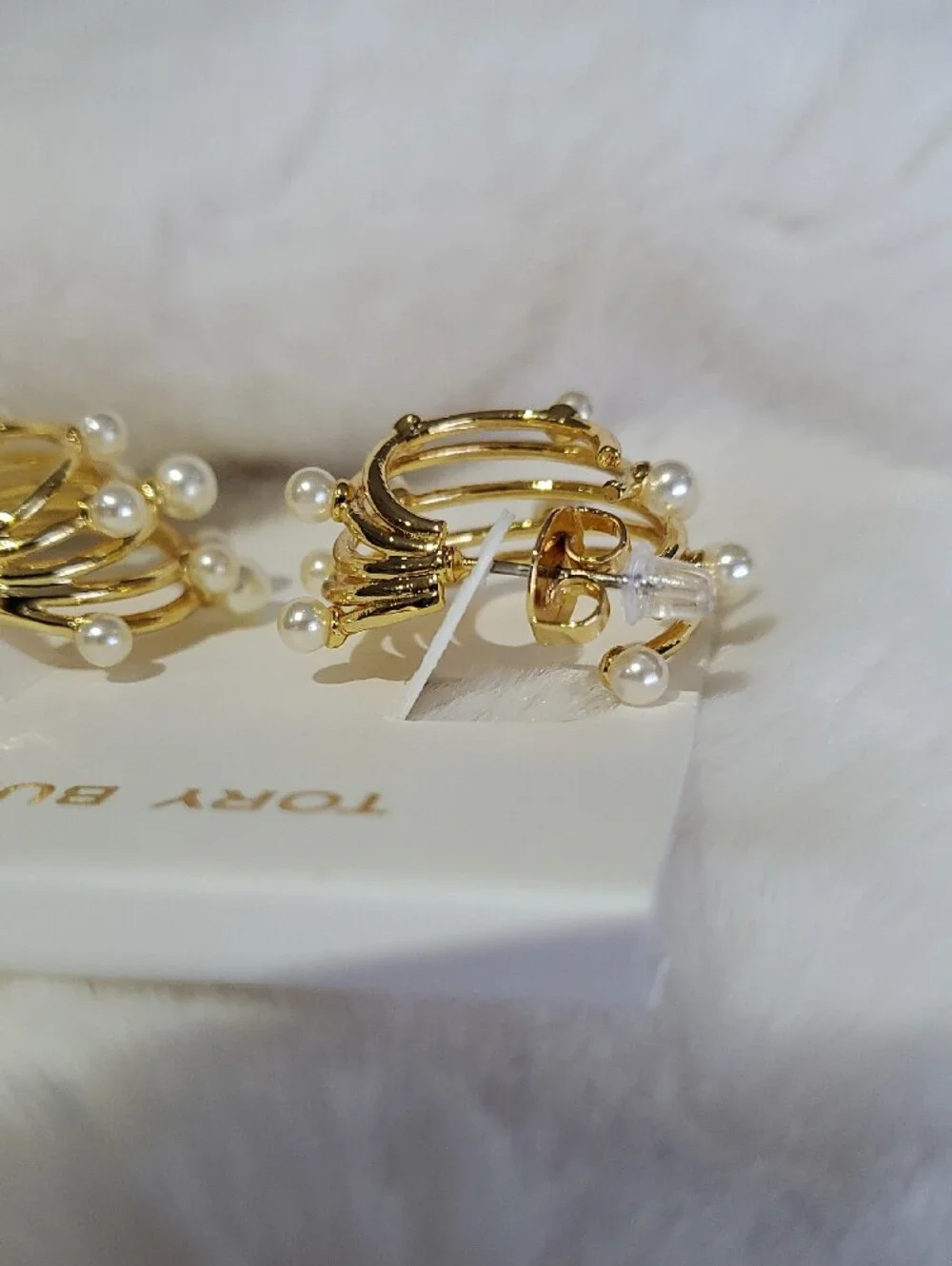 Tory Burch Gold Plated Multi Hoop Earrings with Immitatin Pearl Accents Girlie